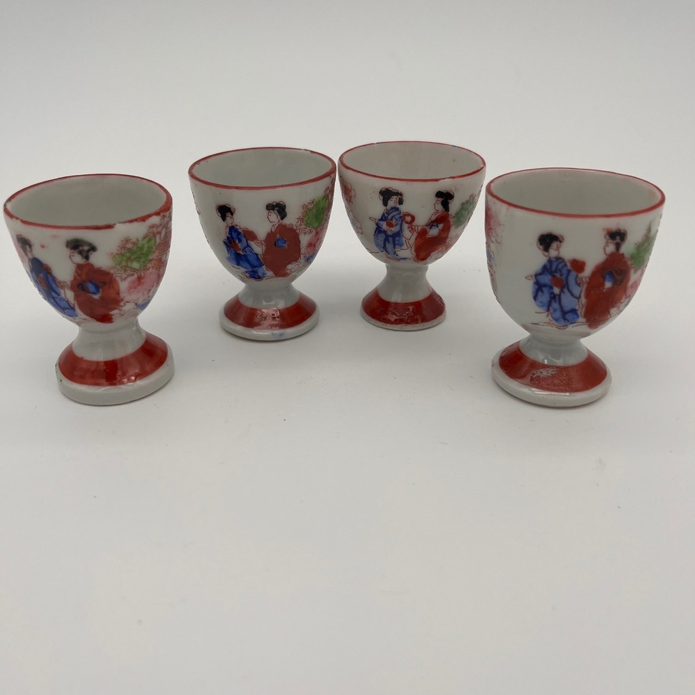 Vintage Japanese Kutani Style Hand Painted Geisha Egg Cups Set of 4 Red Blue